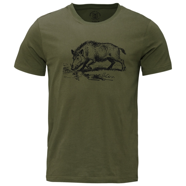 T-shirt met wild zwijn bij het meer, olijfgroen/zwart