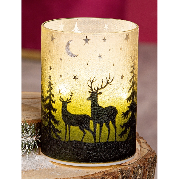LED-glaslantaarn Styrom met bosmotief, hoogte 12 cm
