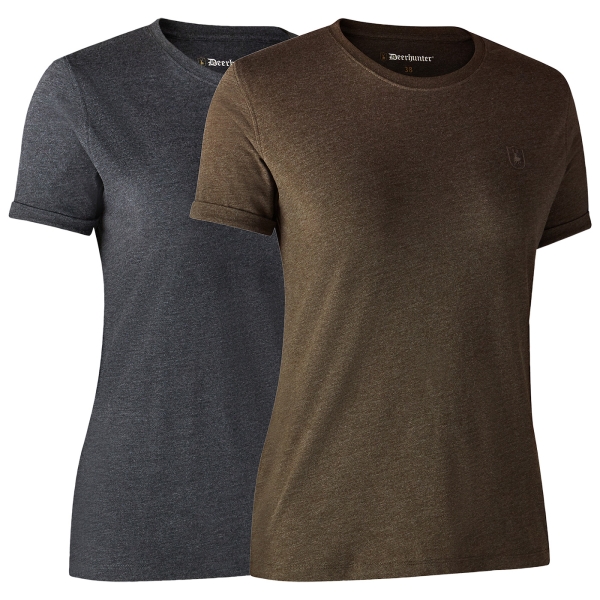 Dames basic T-shirt in een 2-pack bruin/antraciet