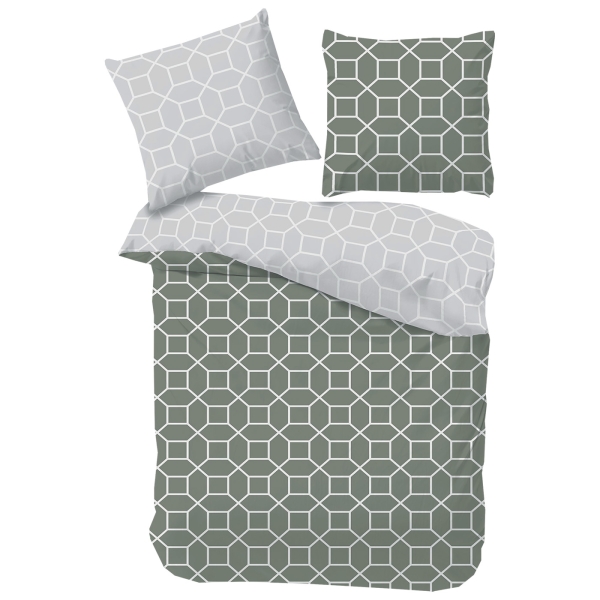 Fijn uni bedlinnen gedessineerd grijs/mosgroen 155x220 / 80x80