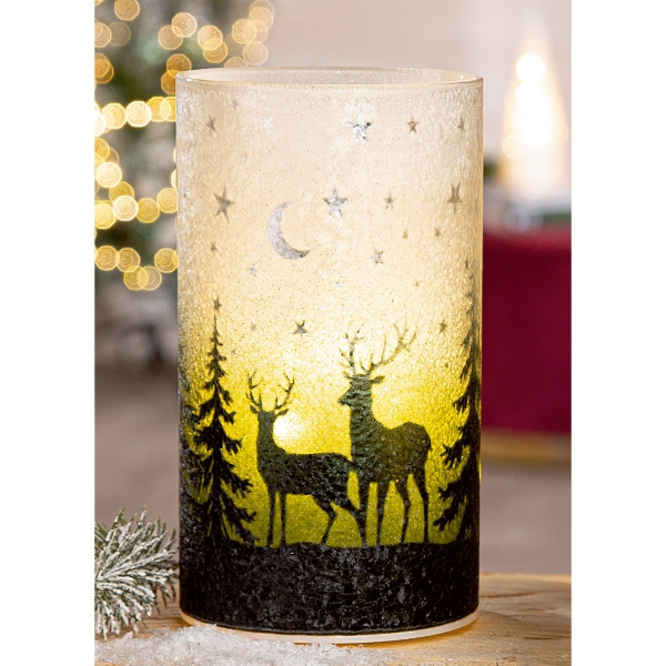 LED-glaslantaarn Styrom met bosmotief, hoogte 16 cm